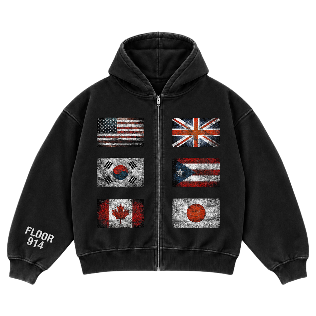 Floor 914 ‘Flag’ Zip Up Hoodie Black