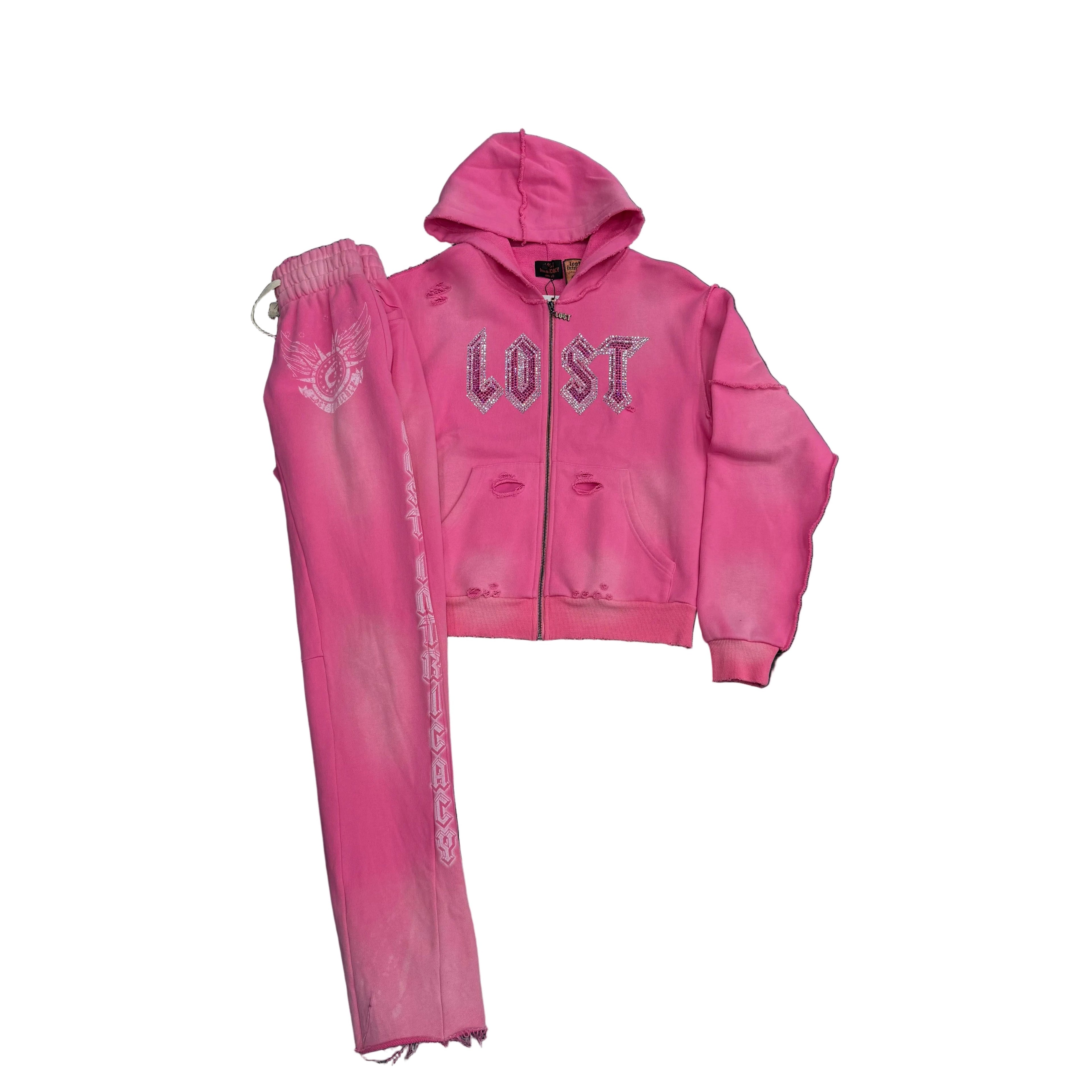 Lost Intricacy Rhinestone Sweatsuit - Pink