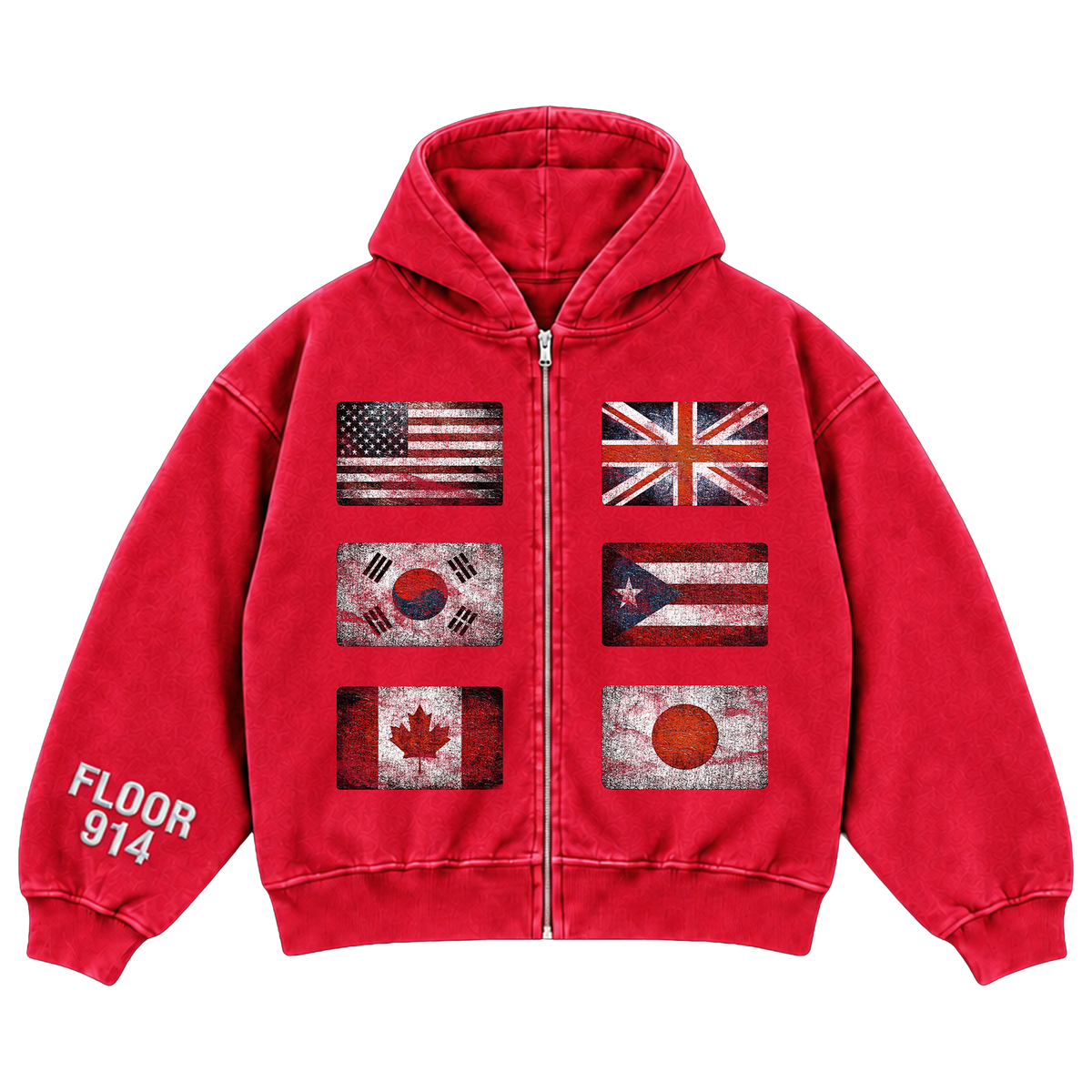 Floor 914 ‘Flag’ Zip Up Hoodie Red