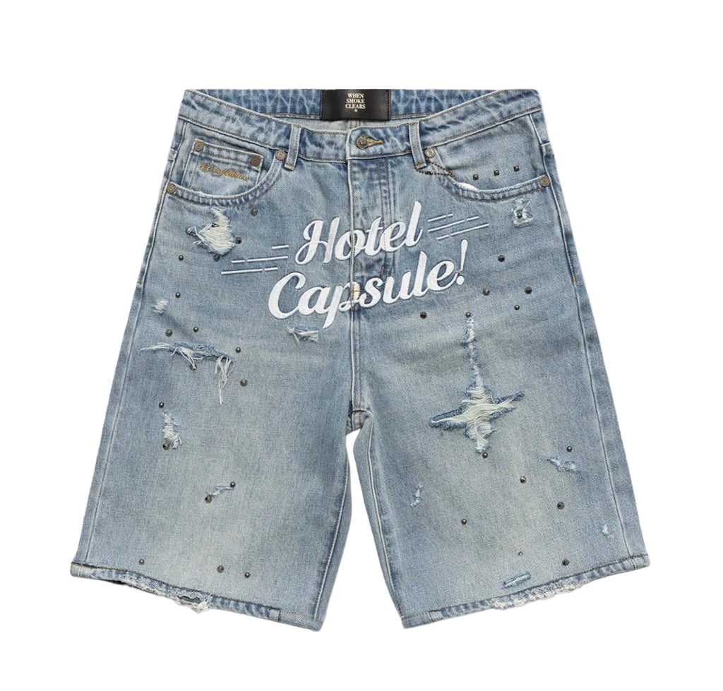 When Smoke Clears ‘Travel Hotel Capsule’ Jeans Shorts Blue