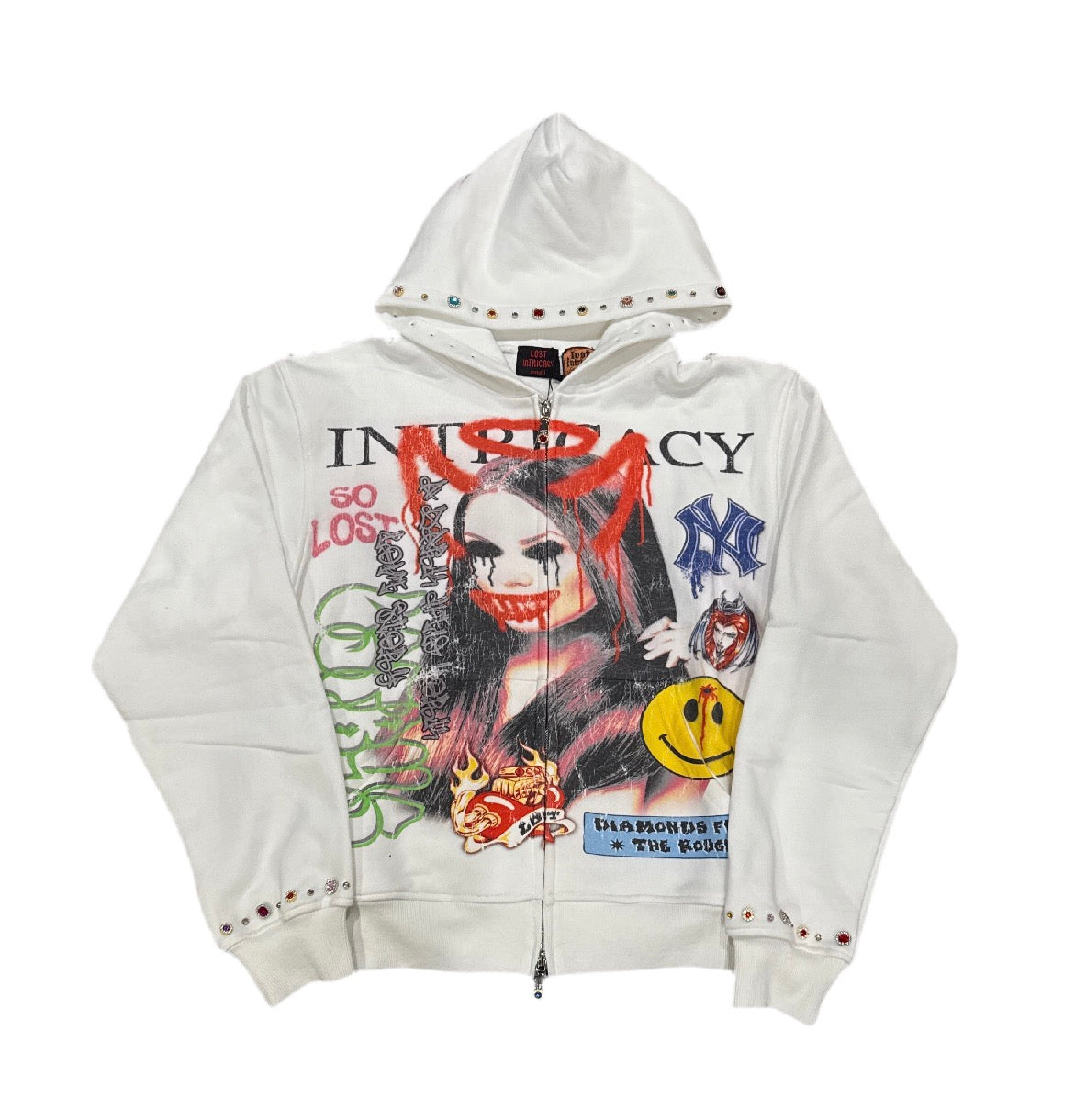 Lost Intricacy Front Mag Rhinestone Hoodie White