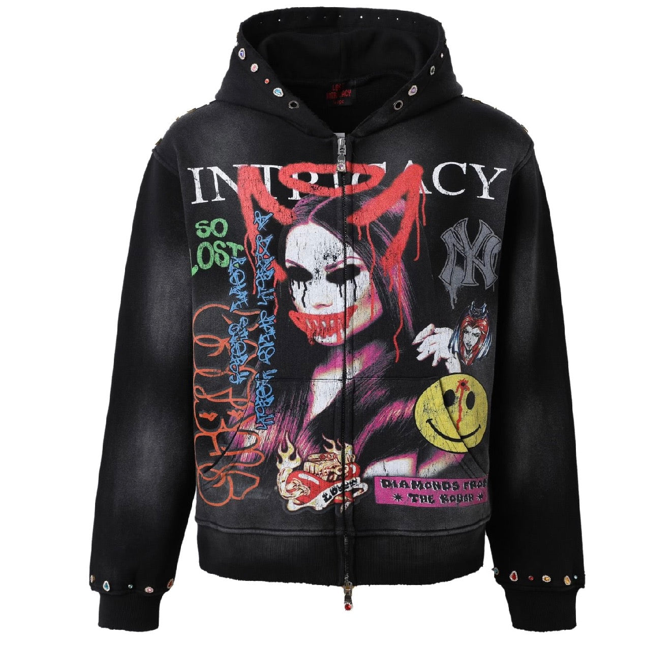 Lost Intricacy Front Mag Rhinestone Hoodie Black