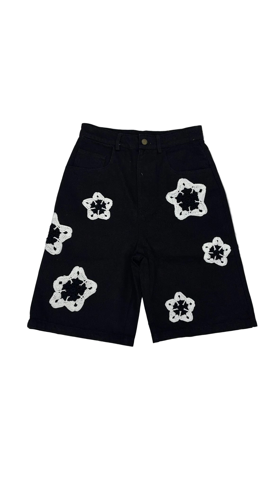 Arkyve ‘White Star Crochet’ Black Jean Shorts